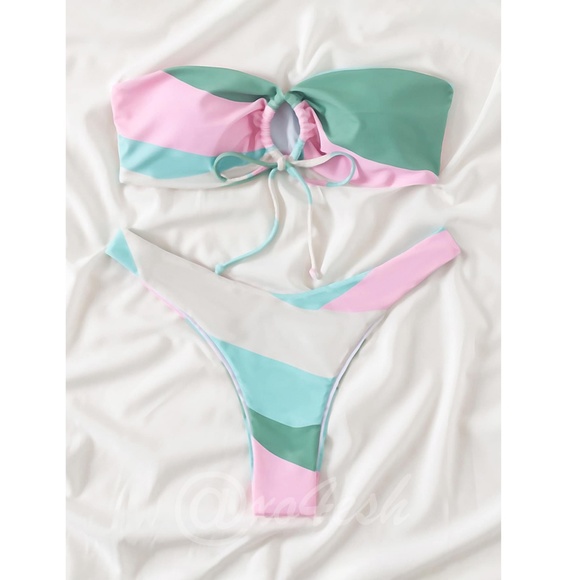 Colorblock 2 Piece Bikini Swimsuit Bandeau - Picture 5 of 9
